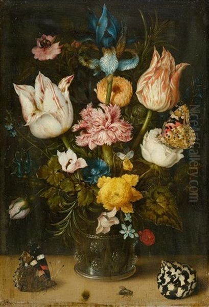 Blumenstrauss Mit Tulpen, Schwertlilie, Gartennelke, Ringelblume, Rosmarinblattern Und Anderen Bluten In Einem Romer Mit Schmetterlingen Oil Painting by Ambrosius Bosschaert the Elder