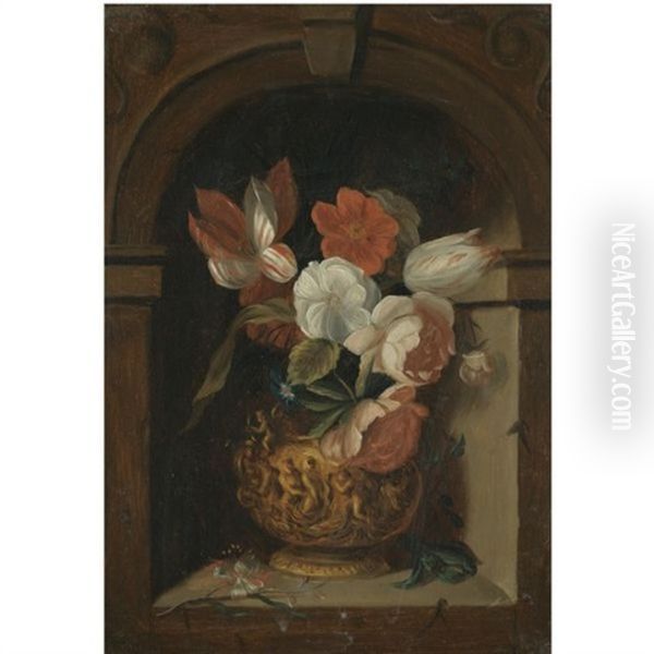 A Still Life Of Tulips, Roses, Morning Glory And Other Flowers In A Sculpted Bronze Vase In A Niche Oil Painting by Ambrosius Bosschaert the Elder