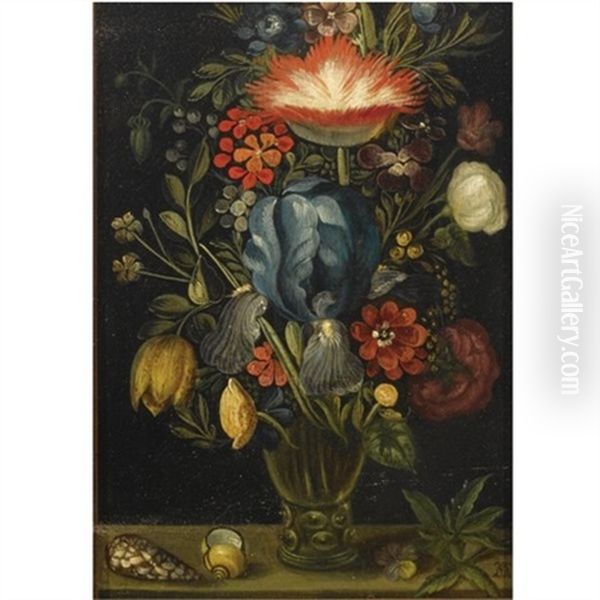 A Still Life With Various Flowers In A Roemer Together With Shells And A Violet On A Ledge Oil Painting by Ambrosius Bosschaert the Elder