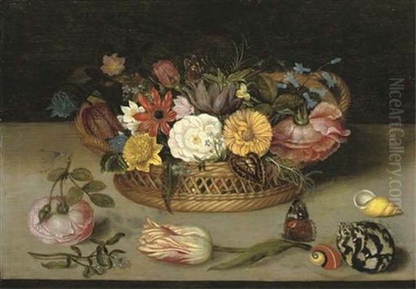 Roses, Tulips And Other Flowers In A Basket With Flowers, Shells, And A Butterfly On A Ledge Oil Painting by Ambrosius Bosschaert the Elder