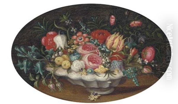 Tulips, Roses, Morning Glory And Other Flowers In A Bowl On A Table Oil Painting by Ambrosius Bosschaert the Elder