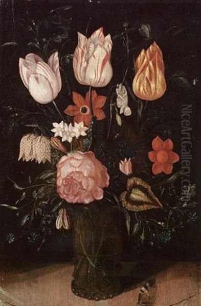 A Rose, Tulips, Forget-me-nots And Other Flowers In A Glass Vase On A Ledge With A Butterfly Oil Painting by Ambrosius Bosschaert the Elder