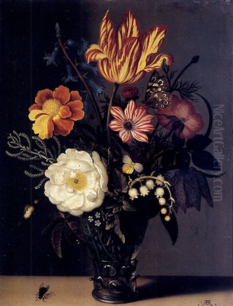 Nature Morte Au Bouquet De Roses, Tulips Et Muguet Dans Un Verre Roemer Oil Painting by Ambrosius Bosschaert the Elder