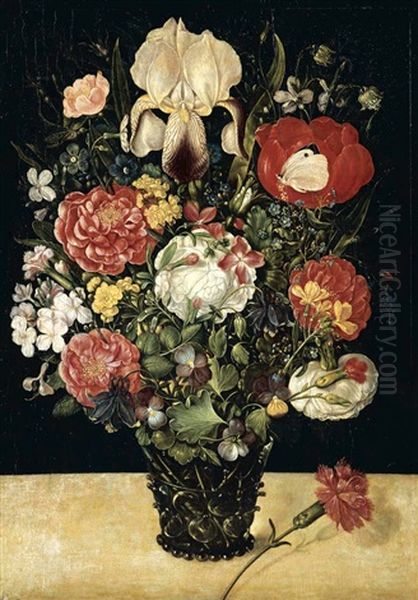 Still Life Of Flowers, Including Roses, An Iris, Carnations, Marigolds And Forget-me-nots In A Glass Vase Oil Painting by Ambrosius Bosschaert the Elder