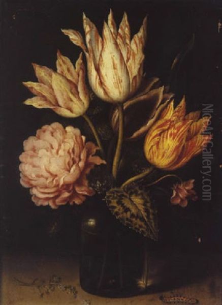 Bouquet De Tulipes Et De Roses Dans Un Vase Pose Sur Un Entablement Oil Painting by Ambrosius Bosschaert the Elder