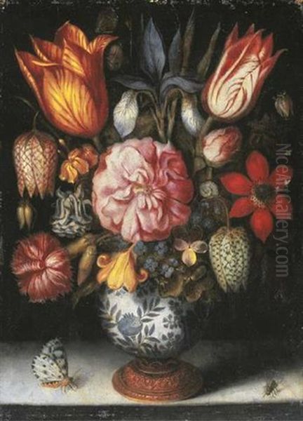 Tulips, A Rose, An Iris, A Carnation, Snakeshead Fritillaries, A Columbine And Other Flowers In A Porselein Vase, With A Butterfly And A Fly On A Stone Ledge Oil Painting by Ambrosius Bosschaert the Elder