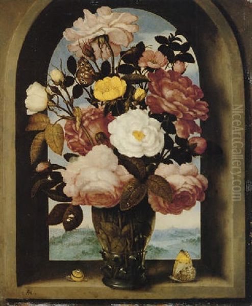 A Still Life Of Roses In A Berkemeijer Glass, With Butterflies And A Snail, In An Arched Stone Window With A Landscape Beyond Oil Painting by Ambrosius Bosschaert the Elder