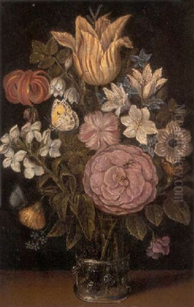 A Rose, A Tulip, An Iris, And Other Flowers In A Glass Vase, With A Butterfly Oil Painting by Ambrosius Bosschaert the Elder