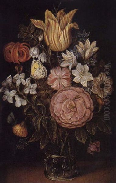 Bouquet De Fleurs Dans Un Vase De Verre Pose Sur Un Entablement Oil Painting by Ambrosius Bosschaert the Elder