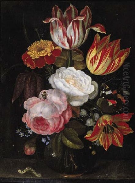 Tulips, Roses, Lily-of-the-valley, Forget-me-nots And Other Flowers In A Glass Vase With A Caterpillar, A Butterfly And A Fly On A Stone Ledge Oil Painting by Ambrosius Bosschaert the Elder