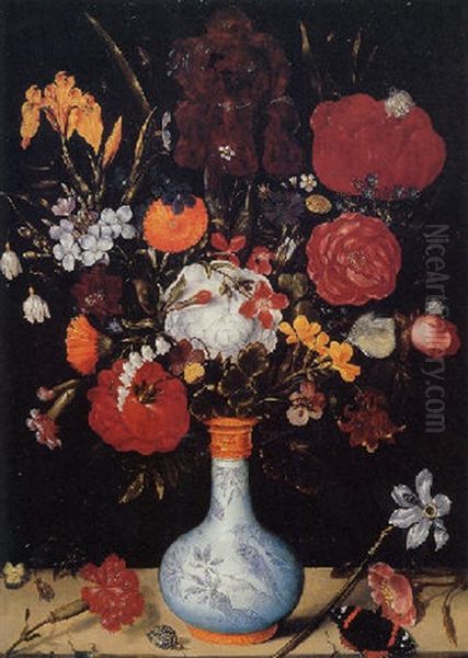 Roses, Marigolds, Aquilegia, Violets, Convolvulus, Hollyhocks, Peonies And Other Flowers In A Vase With A Butterfly And Snail On A Ledge Oil Painting by Ambrosius Bosschaert the Elder