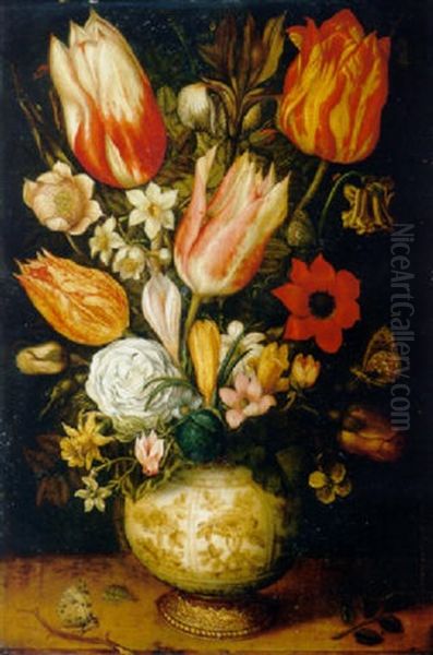 Tulips, Roses, Narcissi, Daffodils, Crocuses, An Iris, A Poppy And Other Flowers In A Gilt-mounted Porcelain Vase On A Ledge Oil Painting by Ambrosius Bosschaert the Elder