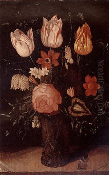 A Still Life Of Variegated Tulips, A Rose, And Other Flowers In A Glass Vase With Butterflies Oil Painting by Ambrosius Bosschaert the Elder