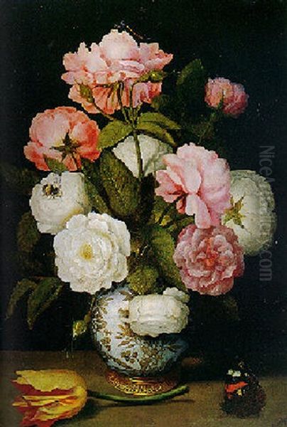 Still Life Of Roses In A Vase With Tulips And A Butterfly Oil Painting by Ambrosius Bosschaert the Elder