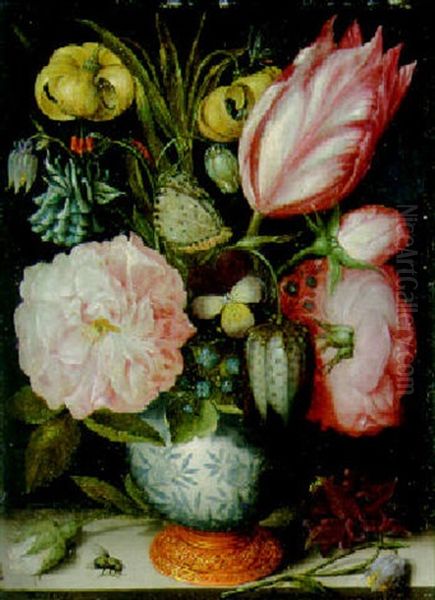 Various Flowers, Butterfly, And A Fritillaria Meleagris In A Vase, A Rosebud, A Columbine And A Fly On A Ledge Oil Painting by Ambrosius Bosschaert the Elder