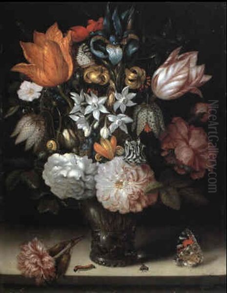 Tulips And Other Flowers In A Glass Vase On A Ledge by Ambrosius Bosschaert the Elder