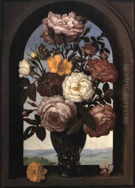 Roses In A Roemer With A Turban Buttercup In A Casement Oil Painting by Ambrosius Bosschaert the Elder