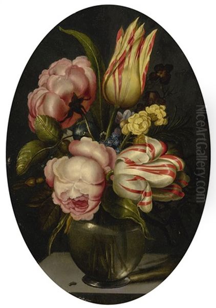 Still Life With Variegated Tulips, Roses, And Other Flowers In A Glass Vase, With A Fly, All On A Ledge Oil Painting by Ambrosius Bosschaert the Younger