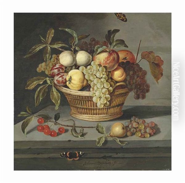 Fruit In A Wicker Basket With A Lizard And A Red Admiral Butterfly On A Stone Ledge Oil Painting by Ambrosius Bosschaert the Younger