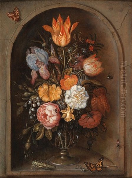 A Still Life Of Flowers In A Glass Vase Placed In A Niche Oil Painting by Ambrosius Bosschaert the Younger