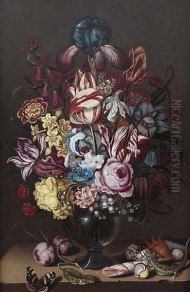 Blumenstillleben In Vase Mit Eidechse Oil Painting by Ambrosius Bosschaert the Younger