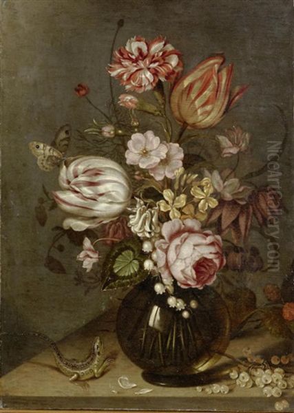 A Rose, Tulips, Carnations And Other Flowers In A Glass Vase On A Table-top With Whitecurrants And A Lizard Oil Painting by Ambrosius Bosschaert the Younger