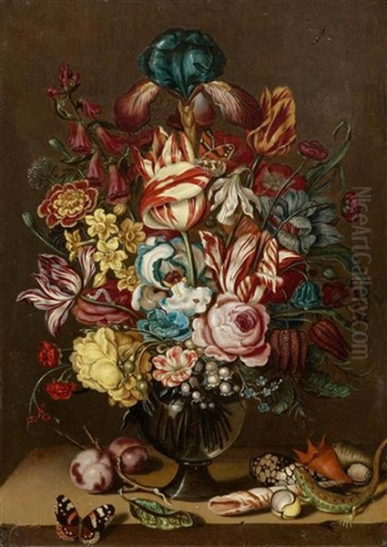 A Bouquet Of Flowers In A Glass Vase On A Stone Table Top With Insects And Seashells Oil Painting by Ambrosius Bosschaert the Younger