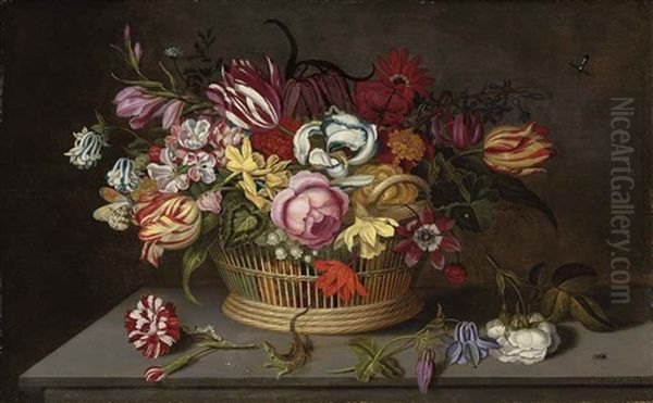 Roses, Tulips, Carnations, Marigolds And Other Flowers In A Woven Basket, With Caterpillars, A Lizard, A Ladybird, And Other Insects, On A Stone Ledge Oil Painting by Ambrosius Bosschaert the Younger