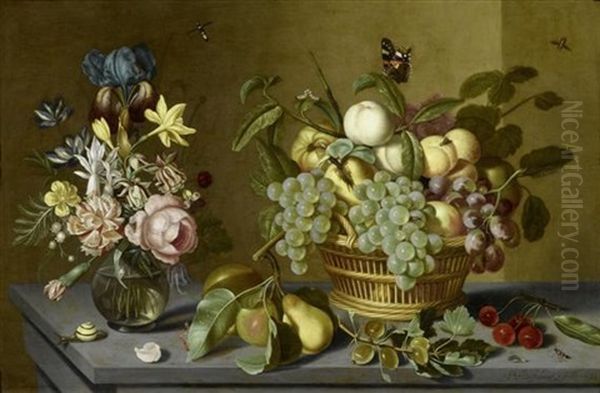 Stilleben Mit Fruchten In Einem Flechtkorb, Einer Glasvase Mit Blumen Und Kleinen Insekten Auf Einer Tischplatte Oil Painting by Ambrosius Bosschaert the Younger