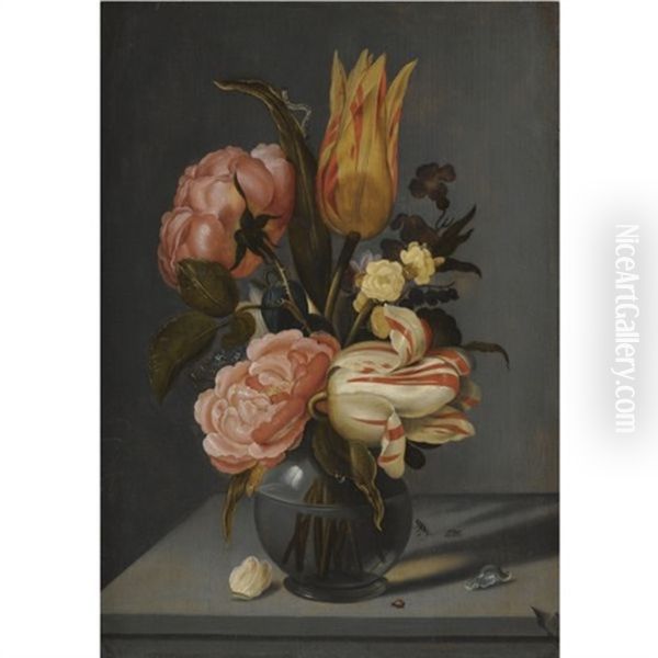 Still Life With Tulips, Roses, Marigolds And Other Flowers In A Glass Vase With A Ladybird And A Caterpillar, All On A Ledge Oil Painting by Ambrosius Bosschaert the Younger