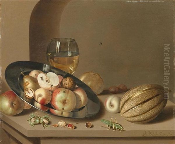 Stilleben Mit Fruchten Auf Einem Zinnteller, Einem Romer, Einer Melone Und Einem Grashupfer Auf Einem Tisch Oil Painting by Ambrosius Bosschaert the Younger