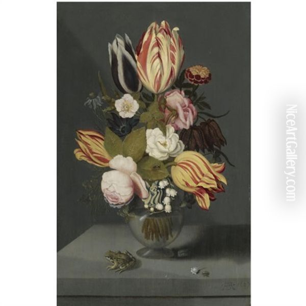 Still Life With Variegated Tulips, Pink And White Roses, A Marigold Fritillary, Columbine And Lily Of The Valley In A Globose Vase With A Toad, All On A Ledge Oil Painting by Ambrosius Bosschaert the Younger