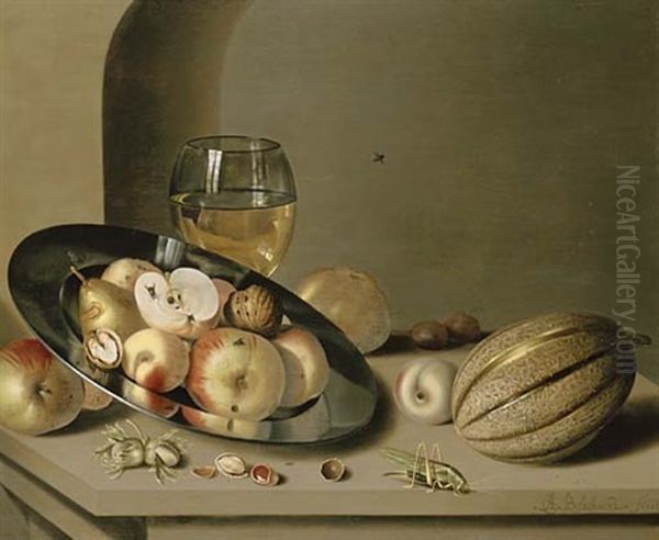 Apples, Pears, Peaches And Walnuts On A Pewter Plate With Fruit, A Roemer, A Melon, Chestnuts And A Grasshopper On A Stone Ledge In A Niche Oil Painting by Ambrosius Bosschaert the Younger