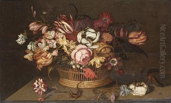 Tulips, An Iris, Narcissi, A Peony And Other Flowers In A Basket With A Carnation, A Rose And A Lizard On A Table-top Oil Painting by Ambrosius Bosschaert the Younger