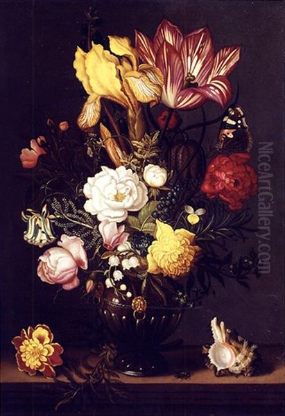 A Tulip, A Yellow Iris, A Sprig Of Moss Rose, A Snake's Head Fritillery, Roses, Peonies, Forget-me-not, Lily Of The Valley And Other Blooms In A Bronze Vase With Gilt Mounts, On A Ledge Oil Painting by Ambrosius Bosschaert the Younger