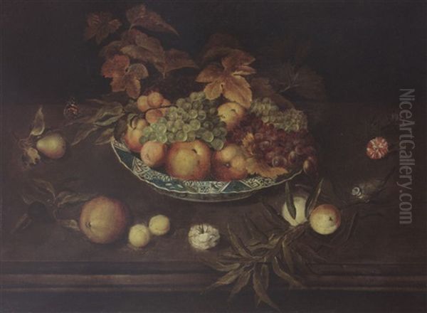 A Still Life With Grapes, Peaches, Apricots And Apples In A Wan-li Porcelain Bowl, Together With A Pear, A Prune, Peaches, Apricots, Carnations A Butterfly And A Blue Tit Oil Painting by Ambrosius Bosschaert the Younger