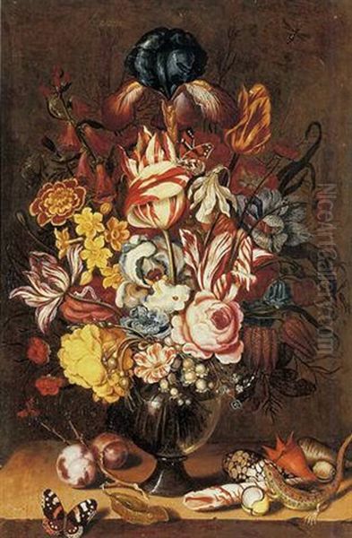 Tulips, Peonies, Narcissi And Other Flowers In A Glass Vase With Plums, Seashells, A Butterfly And A Lizard On A Ledge Oil Painting by Ambrosius Bosschaert the Younger