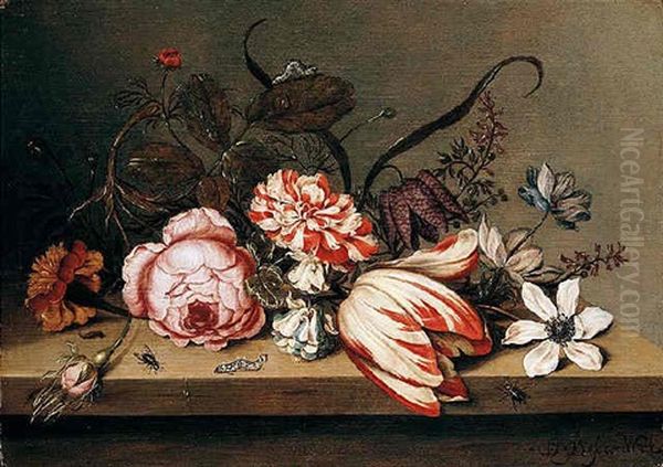 A Still Life Of A Rose, Tulip, Marigold, Columbine And Anemone With Caterpillars And Flies On A Table Oil Painting by Ambrosius Bosschaert the Younger