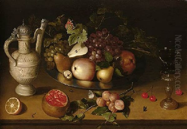 A Still Life Of Pears, Apples, Grapes, A Sliced Orange And Other Fruits And Objects Resting On A Table Top With A Butterfly, Caterpillars And Flies Oil Painting by Ambrosius Bosschaert the Younger