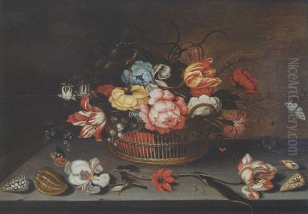 Tulips, Roses And Other Flowers In A Basket With A Lizard, Shells, An Iris, An Anemone, A Tulip And A Butterfly On The Ledge Oil Painting by Ambrosius Bosschaert the Younger