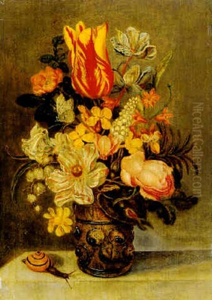 Still Life Of Flowers In A Glass Resting On A Ledge With A Snail Oil Painting by Ambrosius Bosschaert the Younger