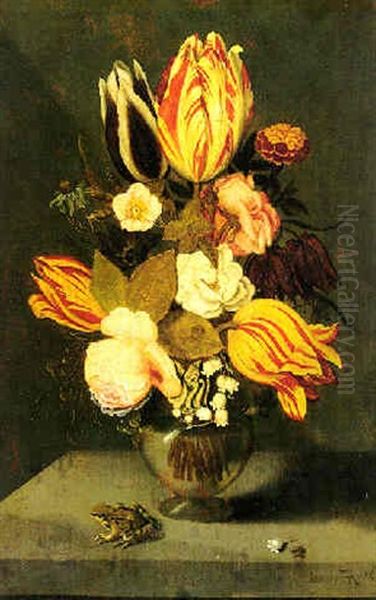 Still Life With Flowers In A Globose Glass Vase With A Toad, All On A Ledge Oil Painting by Ambrosius Bosschaert the Younger