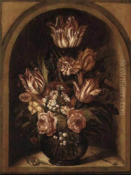 Tulips, Roses And Other Flowers In A Glass Vase With A Lizard In A Niche Oil Painting by Ambrosius Bosschaert the Younger