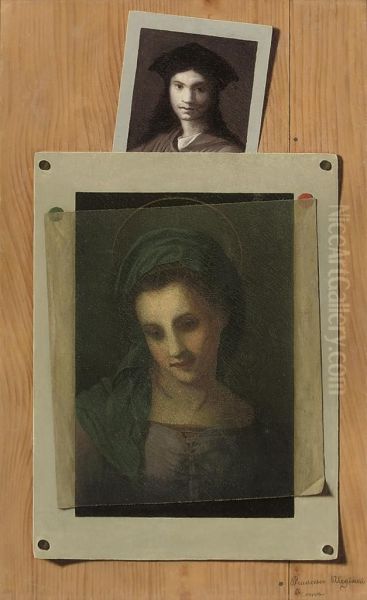 A Trompe L'oeil With A Print Of The Madonna Covered By A Piece Of Tracing Paper, And A Print Of An Artist's Self-portrait Oil Painting by Francesco Alegiani