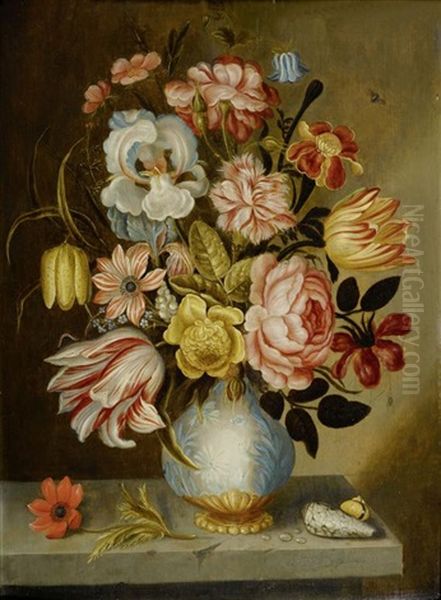 Blumenstilleben In Einer Vase Auf Einer Steinplinthe Mit Muscheln Und Kleinen Insekten Oil Painting by Abraham Bosschaert