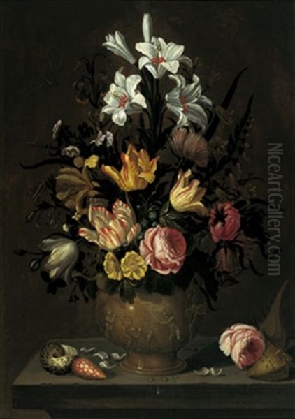 Ein Blumenstraus Von Tulpen, Rosen, Lilien Und Anderen Bluten In Einer Figural Geschmuckten Tonvase Auf Einer Steinernen Tischplatte Mit Seltenen Muscheln Oil Painting by Abraham Bosschaert