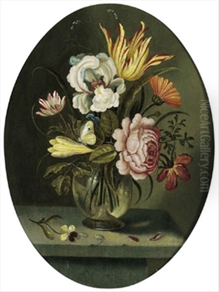 Blumenstraus Mit Tulpen, Einer Rose Und Anderen Bluten Sowie Einem Zitronenfalter In Einer Glasernen Vase Oil Painting by Abraham Bosschaert