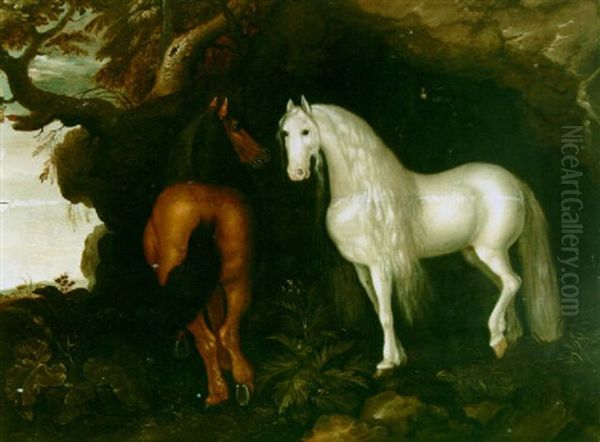 Two Horses By A Rocky Outcrop Oil Painting by Abraham Bosschaert