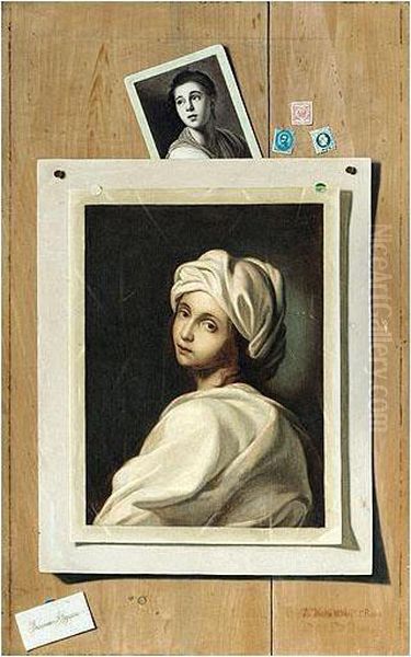 A Trompe L'?il Of A Portrait Of Beatrice Cenci, Formerly Attributed To Guido Reni, And Another Portrait Of A Lady, Together With Three Stamps, Pinned To A Wood-panelled Wall Oil Painting by Francesco Alegiani