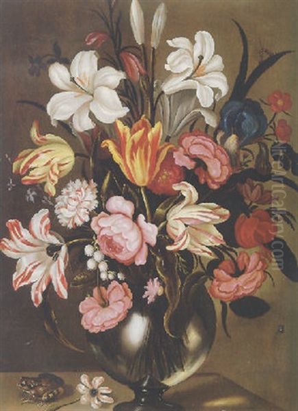 Still Life Of Flowers In A Glass Vase With A Toad Resting On A Ledge Oil Painting by Abraham Bosschaert